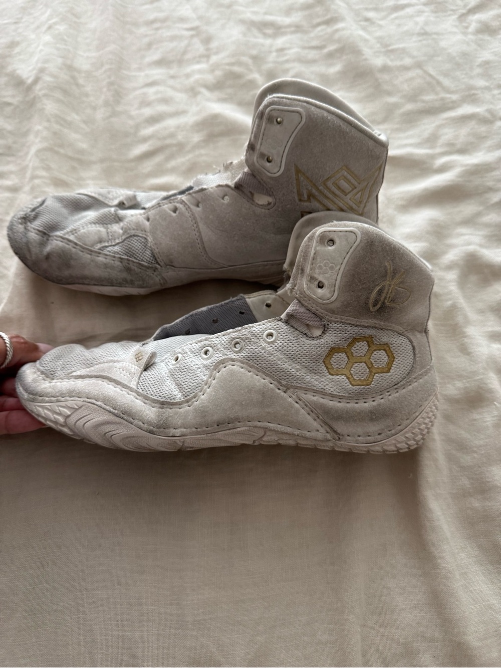 Kids Rudis White High-Top Athletic wrestling Shoes with Gold Accent